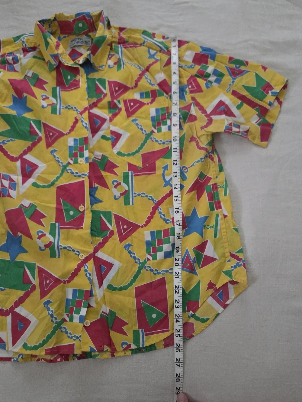 Vintage Yellow Nautical Geometric Print Short-Sleeve Shirt Womens 14 Large XL - Picture 7 of 9